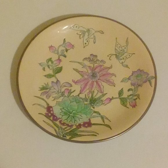 Vintage Mid-Century Japanese Porcelain Enamel Charger Plate Flowers & Butterfly